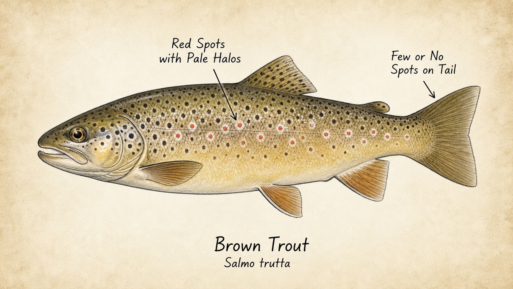 Brown Trout identification plate showing red haloed flank spots and an unspotted tail.