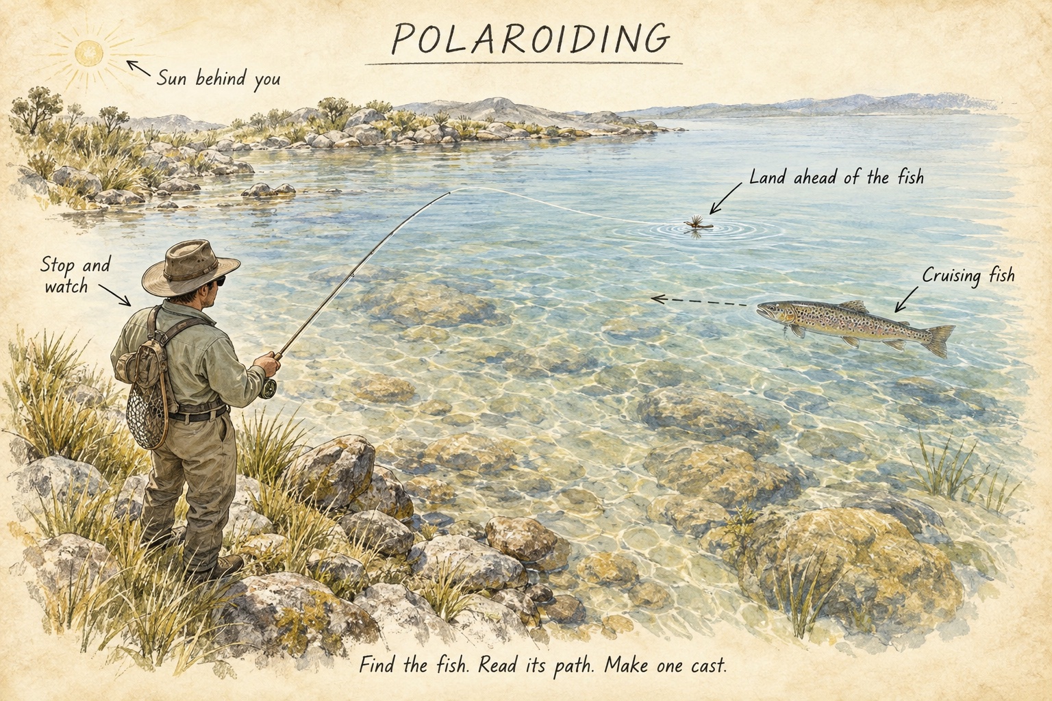Polaroiding: sun, angler, fish path and cast placement